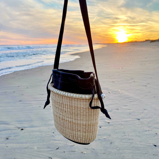 6.5" Narrow Oval Handwoven Tote with Black Leather drawstring bag