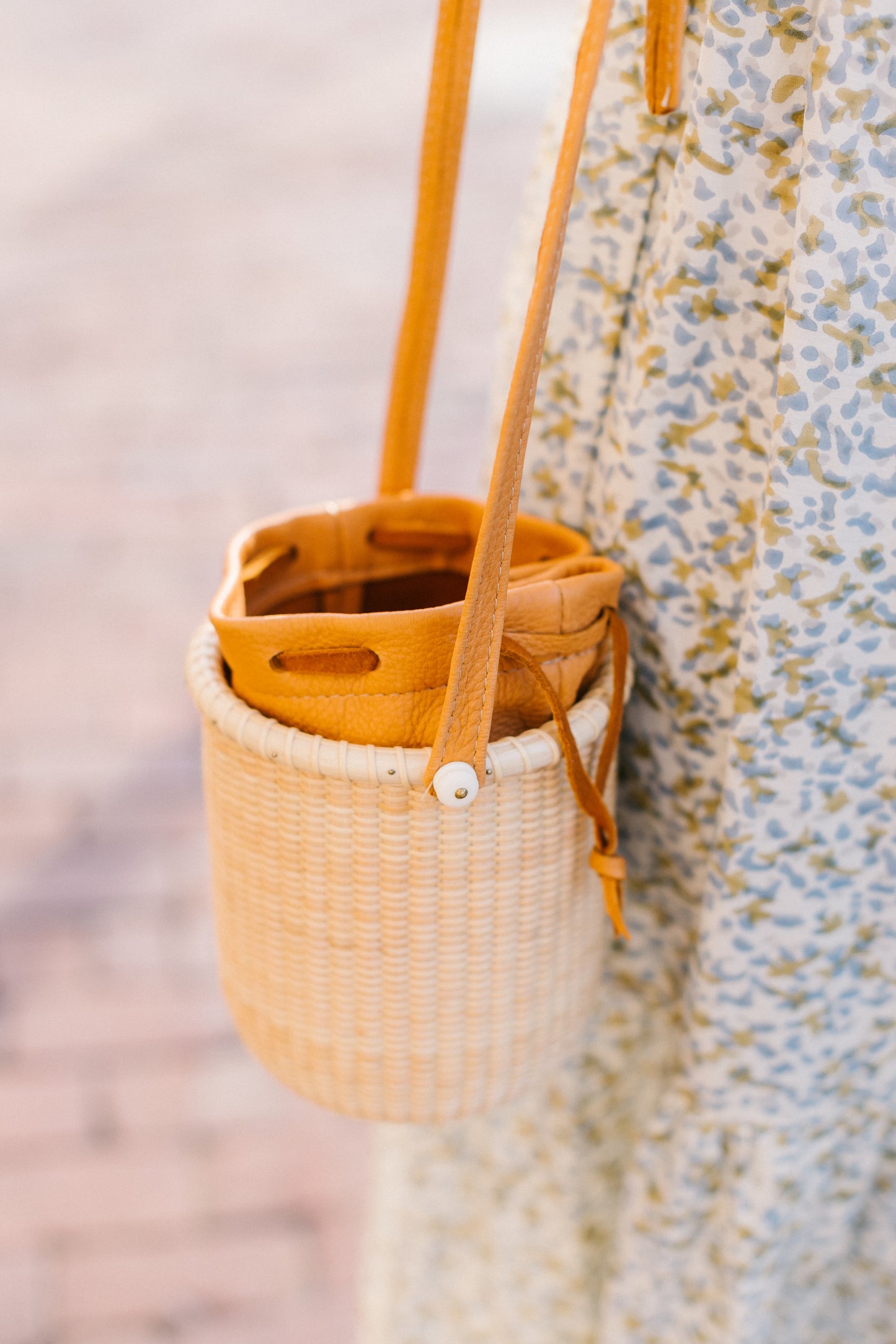 5" Round Handwoven Tote with Tan Leather drawstring bag