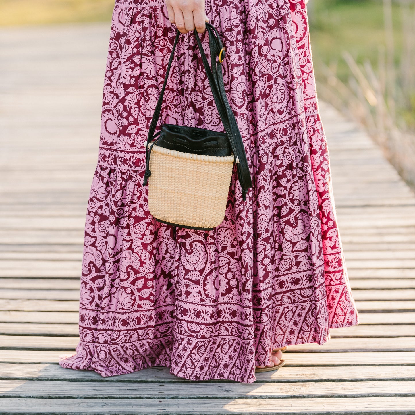 6.5" Narrow Oval Handwoven Tote with Black Leather drawstring bag