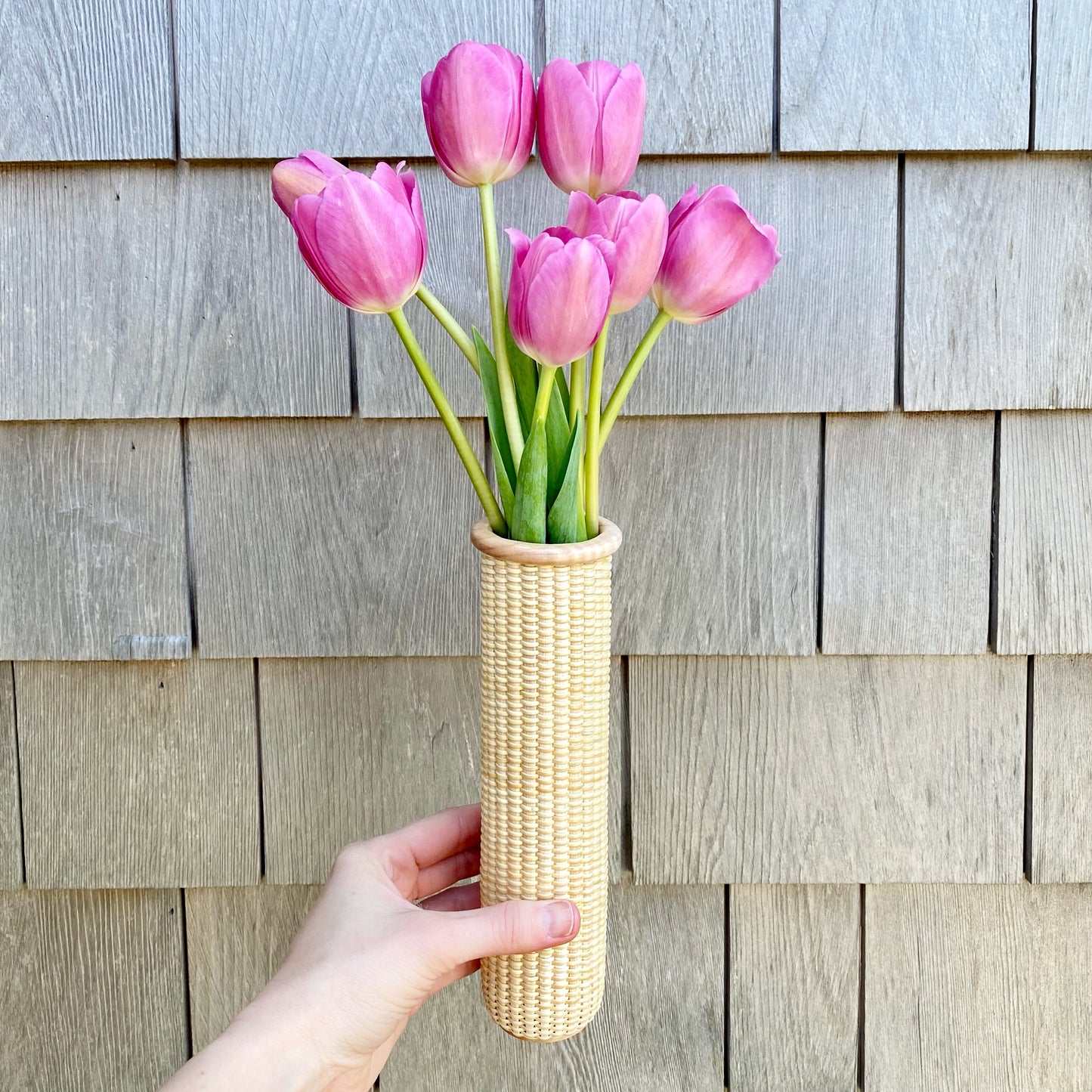 Handwoven Bud Basket 1.75" x 8" holding pink tulips